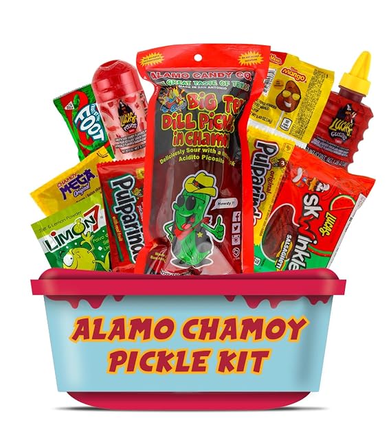 Alamo Chamoy Pickle Kit, Mexican Candy Mix make the Famous TikTok Trend, (13 Pieces) Includes Original Alamo Dill Pickle, Baby Lucas, Lucas Gusano, Skwinkles Salsaghetti, and Other Mexican Candy by LookOn