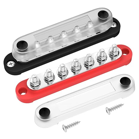 DAIERTEK Battery Bus Bar 12V Marine 7 x 1/4" (M6) Power Distribution Block with Cover 12V - 48V Positive & Negative Busbar Terminal Block for Automotive Car Boat