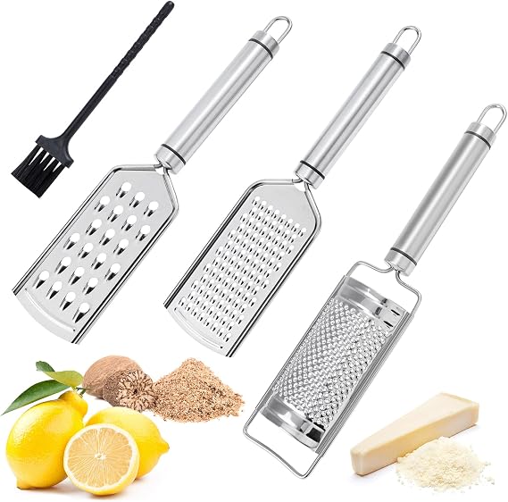 Cheese Graters Lemon Zester, 3 Hand Kitchen Grater Set with Brush, Stainless Steel Blade, Easy to Grate Garlic, Chocolate, Nutmeg Or Veg Fruits
