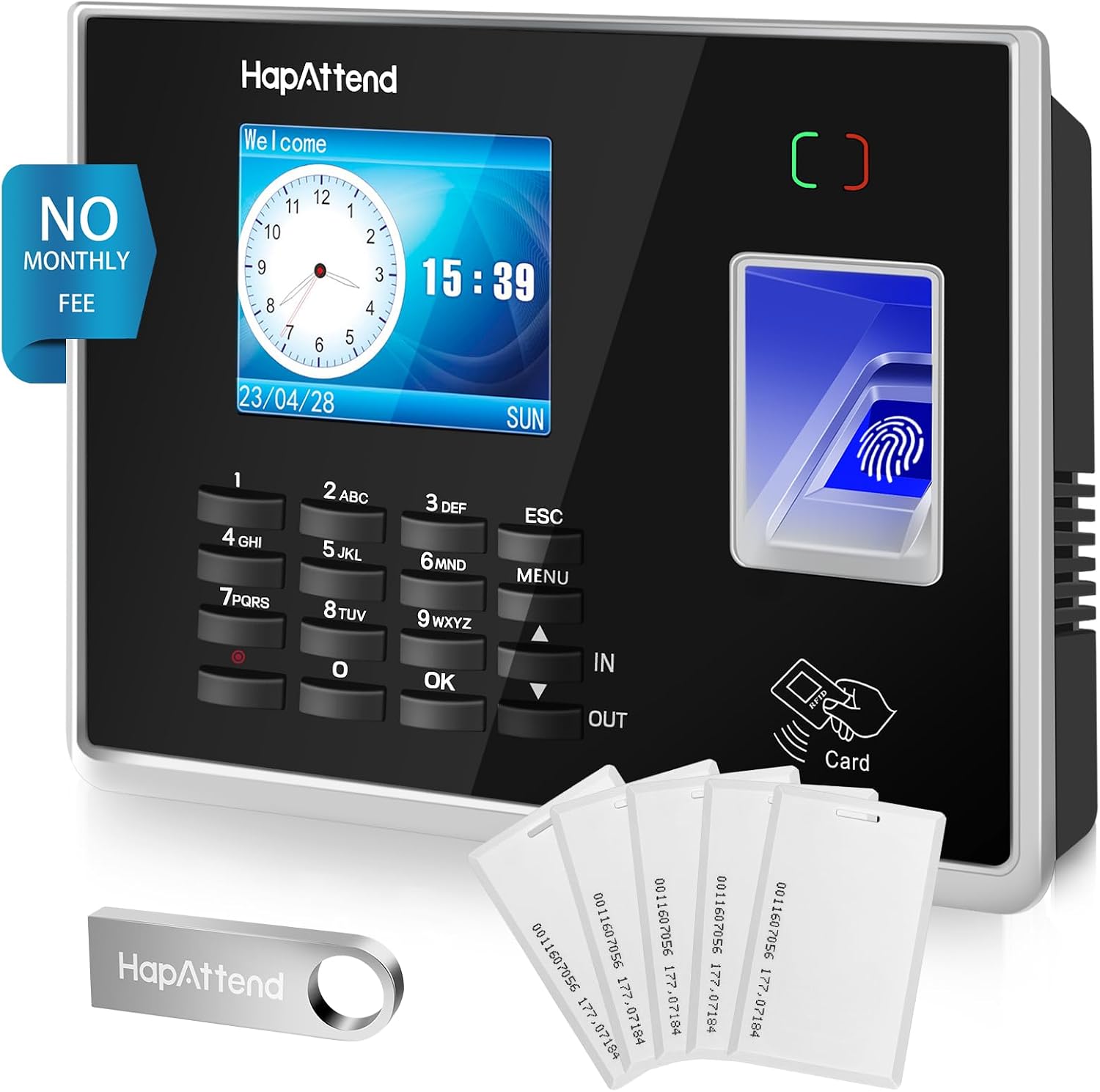 Time Clock Bundle with 15 RFID Cards, 0 Monthly Fees Standalone Biometric Time Attendance Punch Machine with Fingerprint, RFID and PIN