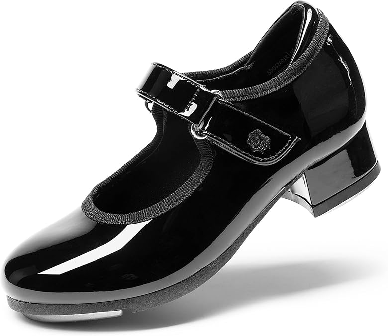 DREAM PAIRS Girls Mary Jane Tap Shoes | Glossy PU leather upper featuring a soft lining cushioned insole equipped metal tap plates hook-and-loop dance practice