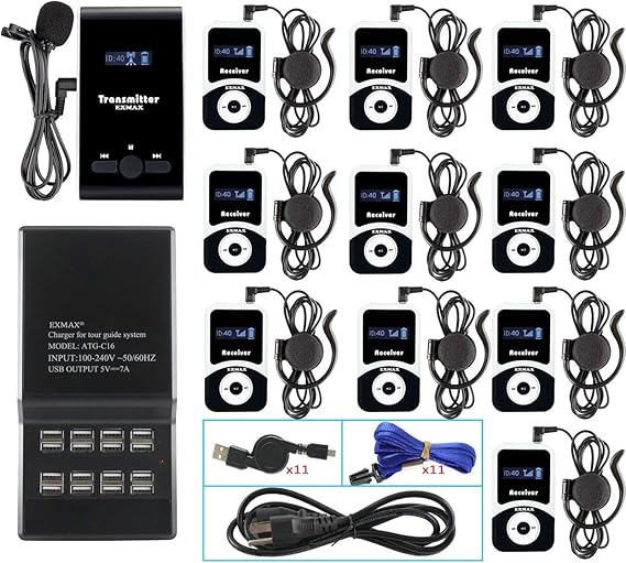 EXMAX ATG-100T 195-230MHz Wireless Tour Guide System Voice Transmission Microphone Earphone Headset for Church Translation Silent Conference Travel Traning (1 Transmitter 10 Receivers Charging Base)