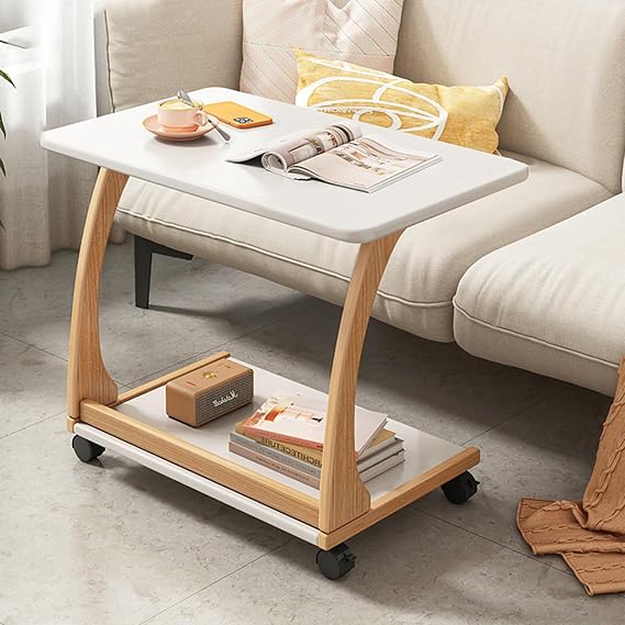 Rolling Bedside Table, Over Bed Table with Wheels, Simple Small Natural Wood Side Table，Beside Bed Portable Workstation, for Living Room Sofa, Bedroom(White,40 * 40 * 63cm)