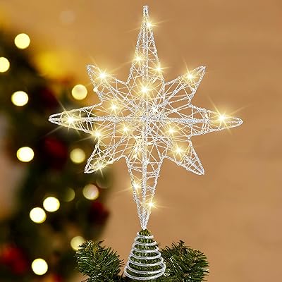 Christmas Tree Topper 13.5 Silvery Star Tree Toppers with 20 LED Lights for Christmas Tree Decorations, Xmas Tree Top Ornament for New Year Holiday Home Office Indoor
