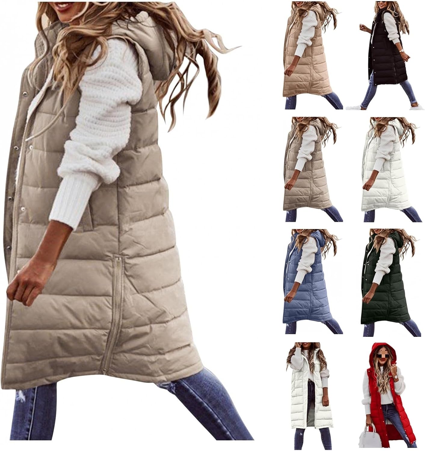 Long Puffer Vest Women 2024 Hooded Warm Padded Winter Coats Sleeveless Puffy Jackets Outerwear Vests with Pockets Beige