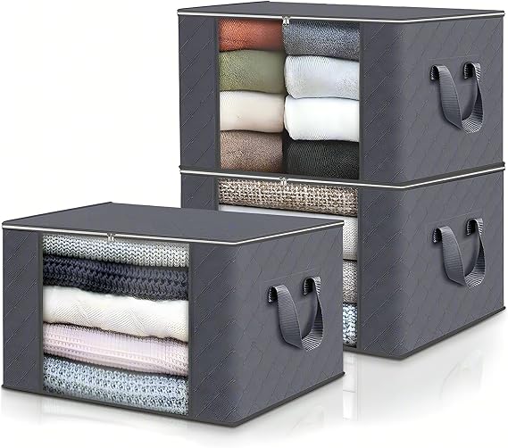 ASelected 3 Pack Clothes Storage Bag, 60L Underbed Storage Boxes with Lids, Foldable Moving Boxes with Clear Window Storage for Clothes Duvets Blankets Bedding