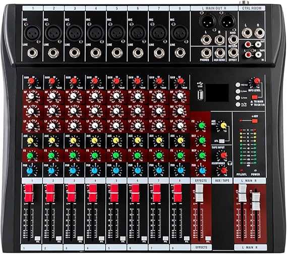 Audio Mixer Sound Board Console USB Mixing Console, 8 Channel Professional Live Studio Audio Equipment for Music Production, Webcast, Sing
