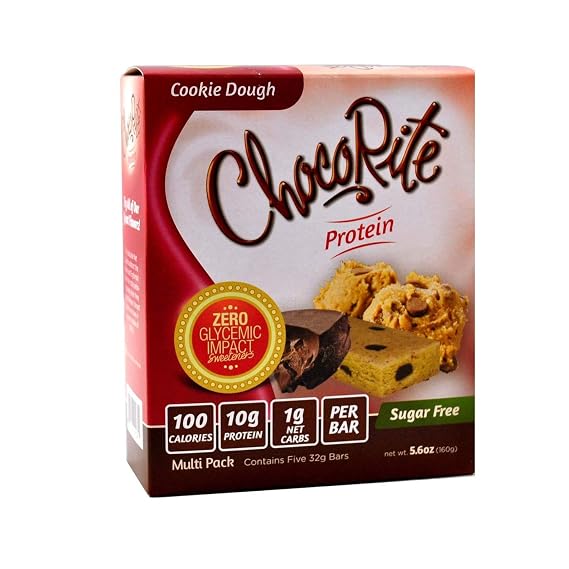 ChocoRite Protein Bars in Cookie Dough Flavor Healthy Chocolate Keto Snacks with Protein 1g Sugar and Low Carbs Multi Pack Box (5 Bars x 32grams)