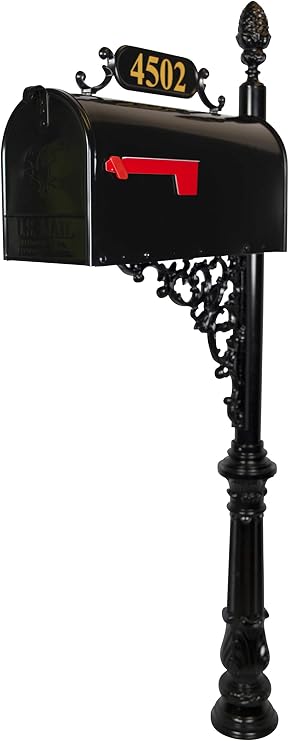 Magnolia Large Mailbox & Post System Black Rust Resistant Mailbox Includes Plaque, Decorative Bracket, Decorative Finial & Mounting Hardware - Customized Address Numbers
