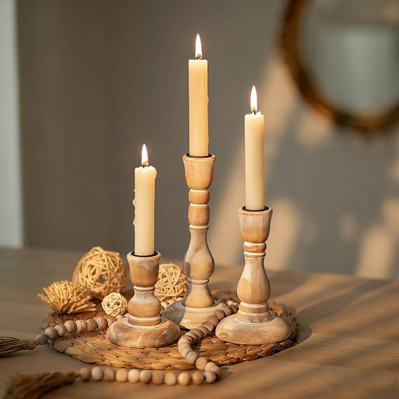 NUPTIO Rustic Wooden Candlestick Holders, Set of 3, Whitewashed | Boho Farmhouse Style, Vintage Finish, Natural Solid Pine Wood, for Fall Table Centerpieces, Fireplaces, Christmas Decor