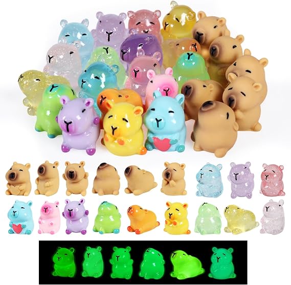 24 Pcs Mini Capybara Figurines, Glow in Dark Resin Animals for Dollhouse Garden Decor, Cute Collectible Miniatures for DIY Crafts