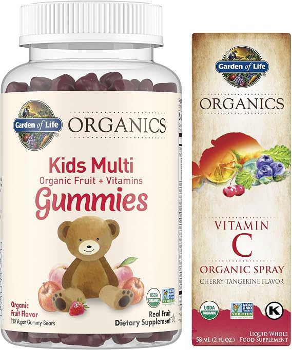 Garden of Life Organics Kids 120 Fruit Gummy Vitamins and Organics Vitamin C Spray for Kids & Adults, 2 fl oz