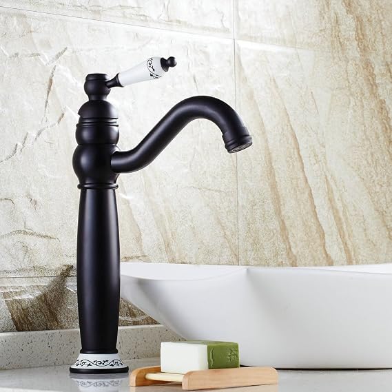 Bathroom Sink Tap, Single Handle Hole Bathroom Faucet with Ceramic Handle, Vintage Elegant Brass Faucet with 360 Rotate Spout (Black) YIGUANXIN
