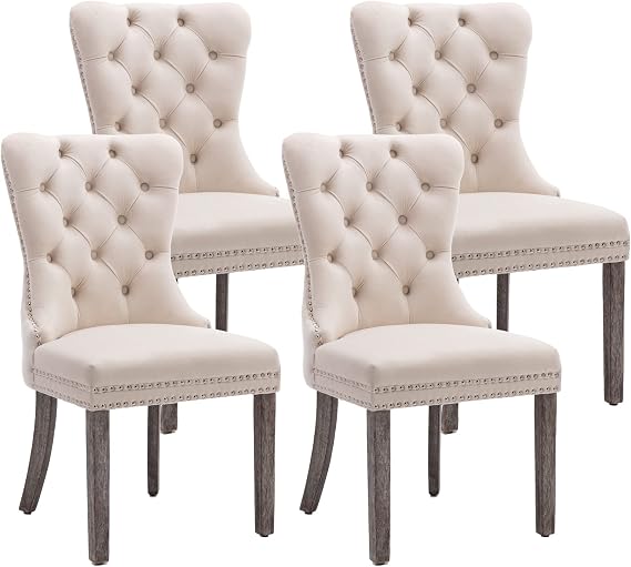 KCC Velvet Dining Chairs Set of 4, Upholstered High-end Tufted Dining Room Chair with Nailhead Back Ring Pull Trim Solid Wood Legs, Nikki Collection Modern Style for Kitchen, Beige