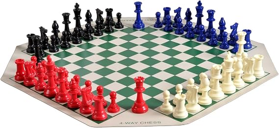 The House of Staunton Four Player Chess Set Combination - Single Weighted Regulation Colored Chess Pieces, Four Player Vinyl Chess Board