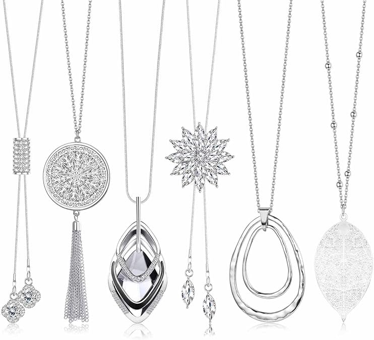 Jstyle 6Pcs Long Pendant Necklaces for Women, Statement Sweater Chain