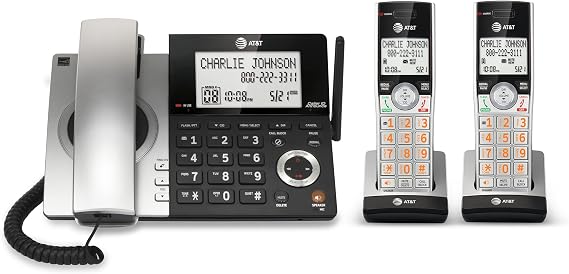AT&T CL84207 DECT 6.0 2-Handset Corded/Cordless Phone for Home with Long Range, Answering Machine, Call Blocking, Caller ID Announcer, Intercom, and Line-power mode, Silver/Black