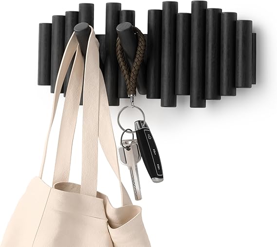 Umbra Picket Wall-Mounted Coat Rack Rail Hook with 5 Retractable Wood Pegs Modern, Space-Saving Storage Organizer, Black