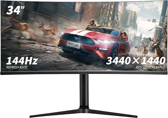 34 Inch UltraWide QHD (3440 x 1440) IPS Curved Gaming Monitor with 144Hz, 5ms Response Time, Build-in Speakers, VESA Compatible, Tilt and Height Adjustable, G-SYNC Compatible & AMD FreeSync