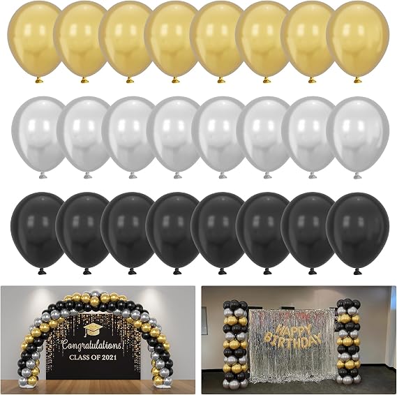 YALLOVE 114-Pack 10-Inch Gold, Silver and Black Latex Balloons | Helium or Air Supported for Arch Garland, Birthday, Graduation and Retirement Party Decor