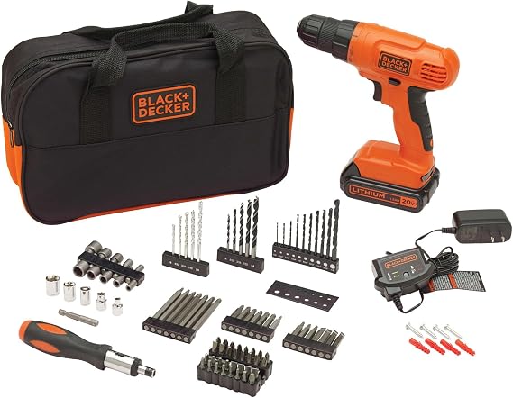 BLACK+DECKER 20V MAX* POWERCONNECT Cordless Drill Driver Kit with Drill Bit Set and Sockets, 100 pc. Tool Kit for Home, Battery and Charger Included, Orange (BDC120VA100)