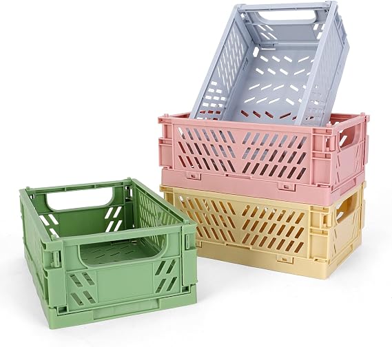 4-Pack Mini Plastic Baskets for Shelf Storage Organizing, Durable and Reliable Folding Storage Crate, Ideal for Home Kitchen Classroom and Office
