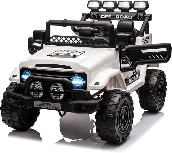 Kids Ride On Truck Car 12V, Electric Vehicle with Remote Control, LED Lights, Spring Suspension, Music & Horn, 3 Speeds (White)