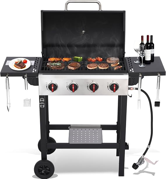 4-Burner Propane Gas Grill, 40,000 BTU Portable BBQ Grill with Cast Iron Grates & Foldable Side Shelves, Small Outdoor Gas Grill for Backyard Patio Camping Tailgating, Black