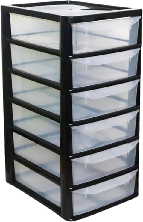 A4 Plastic Slim Storage Drawers Tower Unit Office Desktop Tabletop Home School Garage Portable Desk Organizer 2|3|4|6|8 Tiers (A4 Plastic Small Black/Clear) (Black/Clear, A4 Slim 6 Drawers)