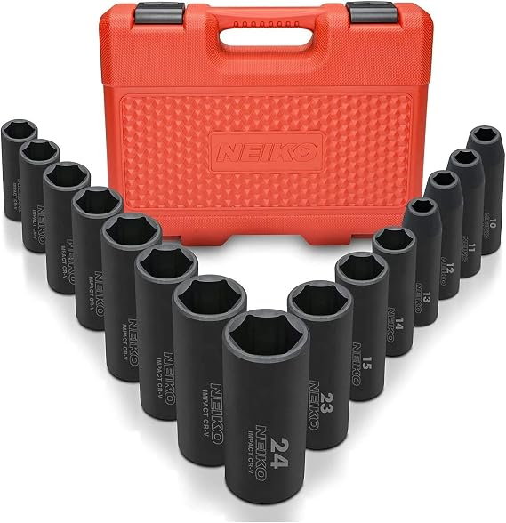 NEIKO 02474A 1/2" Impact Socket Set, 15 Piece Metric Socket Set 10-24 mm, Deep Sockets, 6 Point, 1/2 Drive Sockets for 1/2" Impact Wrench, Chrome Vanadium Cr-V