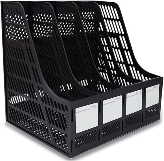 SAYEEC Sturdy Desktop 4 Sections Plastic Magazine Holders Frames File Dividers Document Cabinet Rack Display and Storage Organiser Box Black