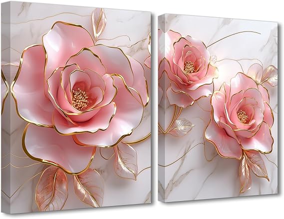 PBXBJY Pink Rose Flower Wall Art Modern Wall Decor Abstract Gold and Pink Canvas Painting Floral Marble Prints for Bedroom Bathroom Decor ((16.00" x 24.00" x 2PCS))