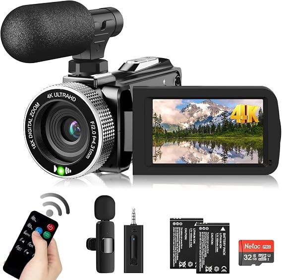 Video Camera Camcorder 4K 60FPS 48MP YouTube Camera with Wireless Lavalier Mic & External Mic for Vlogging, Ultra HD 3 Screen 18X Digital Zoom Video Recorder Camera with 32GB SD Card, Remote Control