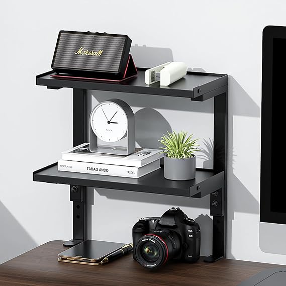 2-Tier Desk Shelf, Black | Desk Organization Expandable Clamp on Desk Shelf Desktop Accessories for Offices and Game Rooms
