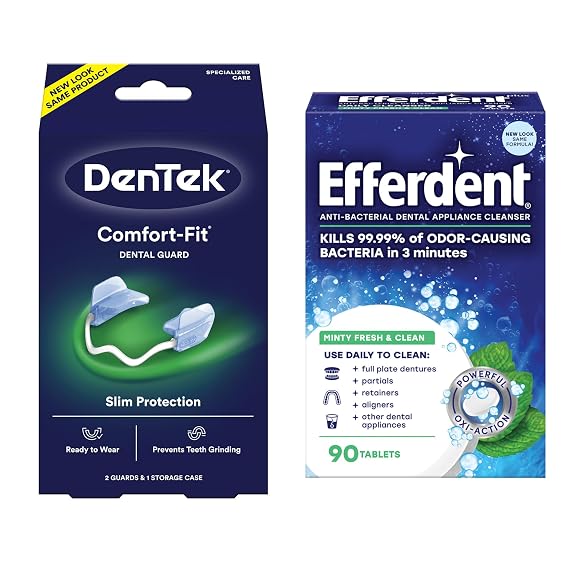 DenTek Comfort-Fit Dental Guard for Nighttime Teeth Grinding and Efferdent Anti-Bacterial Cleanser Tablet, 90ct