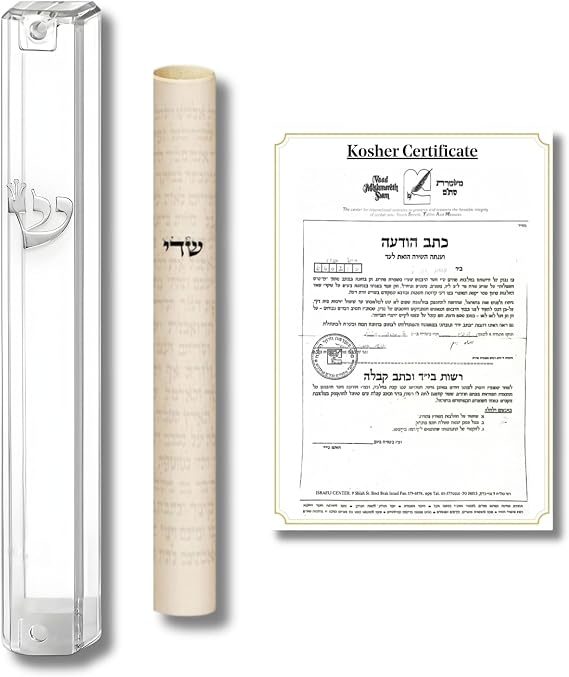SURI Mezuzah with Kosher Scroll for Door | Certified 4-Inch Hand-Written Kosher Scroll by a Certified Jewish Rabbi (Sofer Stam) and Elegant Transparent 5-Inch Mezuzah Case | Made in Israel