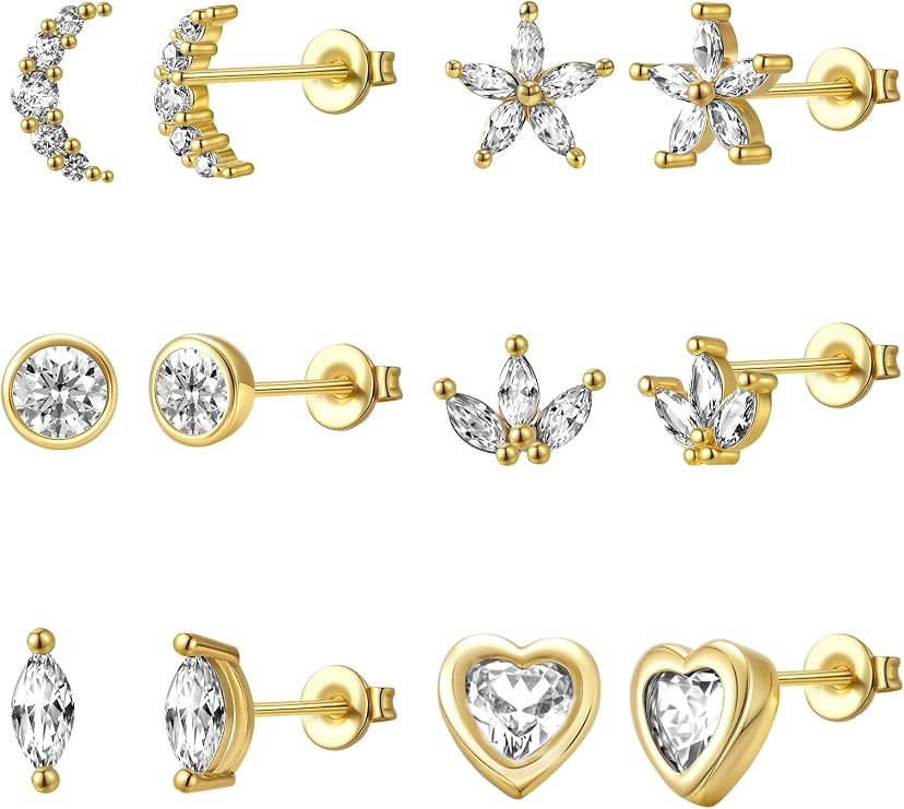 6 Pairs Sterling Silver Earrings Gold Hypoallergenic Stud Earrings for Women with Shiny Cubic Zirconia Small Earring for Multiple Piercings