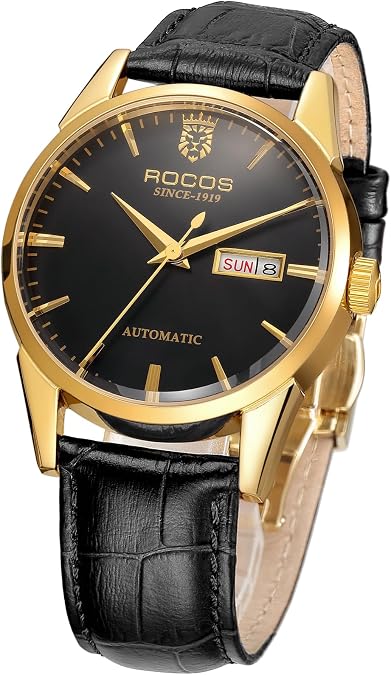 ROCOSJEWE Men's Automatic Watch Mechanical Skeleton Calendar Day Display Black Leather Luxury Strap Wristwatch Dress Watch Gift R0101,Black and Gold Color Scheme