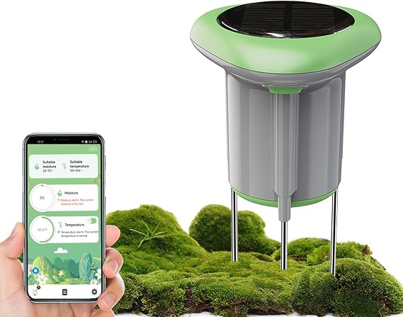 Solar Powered Soil Moisture & Temp Sensor WiFi/Bluetooth No Gateway Required | IP65 Waterproof Indoor/Outdoor Plant Monitor | Compatible with Alexa & Tuya Smart Life | Garden, Farm Hygrometer