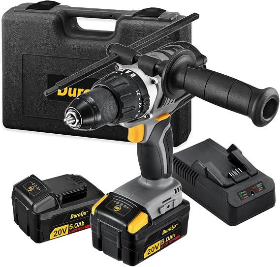 Durofix Li-ion 20V BRUSHLESS 2-speed Jumbo Hammer Drill, Max 900 in-lbs, 30,000 BPM, 5.0Ah x2, Charger & Case, RK20118-LB