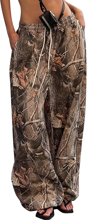 Ogfao Camo Sweatpant for Women Camouflage Sweatpants Y2K Wide Leg Elastic Waist Drawstring Pants Baggy Palazzo Joggers