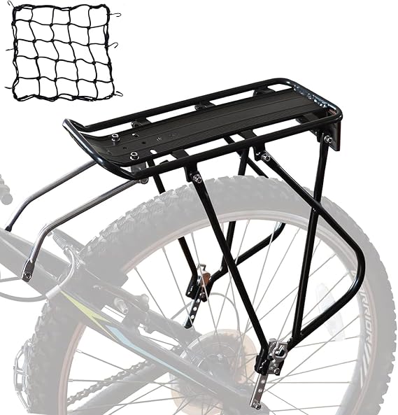 Bike Cargo Rack Bungee Cargo Net &amp; Reflective Logo Universal Adjustable Bicycle Rear Luggage Touring Carrier Racks 25kg Capacity Mountain Road Bike for 26"-29" Frames