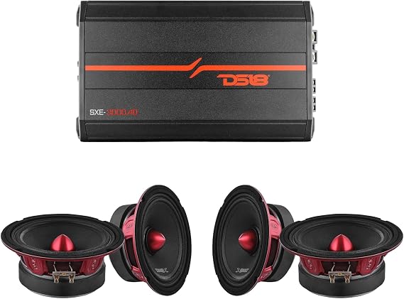 DS18 Amplifier 4-Channel & 4X 6.5 Midrange Loudspeakers with Bullet - PowerSound Bundle Great for Car/Truck Stereo Sound Systems