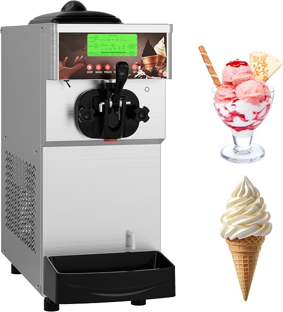 1500W Single Flavor Commercial Soft Ice Cream Maker, 5.3-7.4 Gal/Hr Soft Serve Ice Cream Machine with 5" Display, Easy to Operate, Self Cleaning, High Productivity for Restaurant Snack Bar, 115V