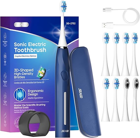SEAGO Electric Toothbrush with Pressure Sensor for Adults, 8 Heads | 40,000 strokes/min, 5 modes and 2-minute timer; includes travel case, wall holder and Type-C cable; up to 30-day battery.