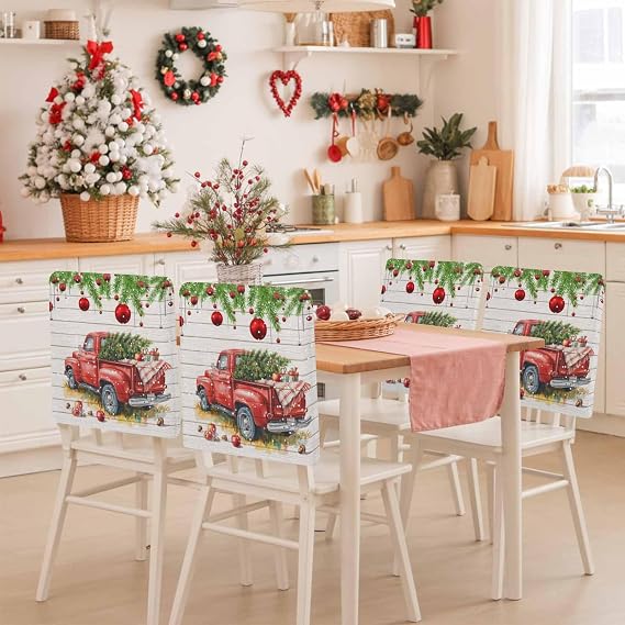 I Will Go Home For Christmas Chair Back Covers Set of 6, 19x20in, Tree Truck Ball Wood Grain Removable Dining Seat Cover Washable Kitchen Chair Slipcovers Protective for Christmas Party Festival Decor