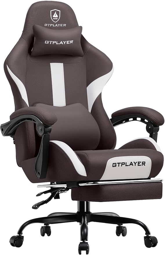 GTPLAYER Fabric Gaming Chair, Ergonomic Computer Chair with Footrest Lumbar Support Heavy Duty High Back Adjustable Height Svivel Office Desk Chairs (Brown)