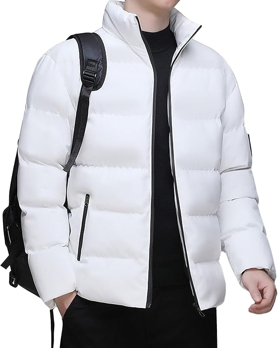 Men's Windproof Short Zipper Down Coat Warm Lightweight Quilted Puffer Jackets Bubble Insulated Filled Jacket (White,XX-Large)