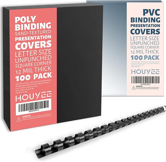 HOUYEE Binding Bundle: 100 Pack 1/2 Inch 19 Ring Binding Combs,100 Pack 12 Mil Clear Binding Front Covers, 100 Pack 12 Mil Black Poly Binding Covers, Letter Size,Un-Punched