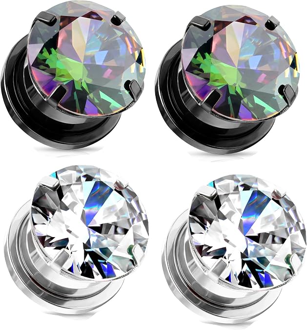 2 Pairs Screw Fit CZ Cubic Zirconia Gem Plugs Black Plated Steel Rainbow gauges 1/2" inch 00g 0g 2g